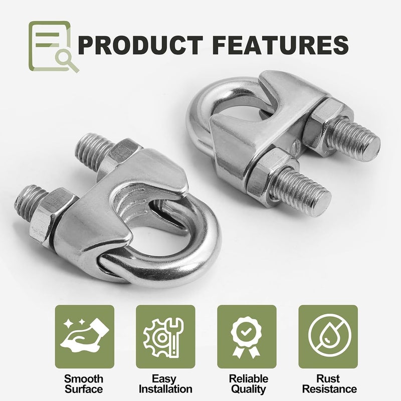 Jamiikury 4pcs M10 Wire Rope Clamp, 3/8 inch Cable Clamps Stainless Steel Wire Rope Clips - Image 2
